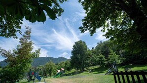 A park with playground equipment, a wooden fence, and trees. - Barrique Livezii 3 (Brașov)