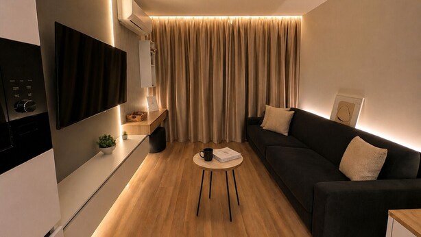 A modern living room with a flat-screen TV, a sofa, a coffee table, and a kitchen area with a built-in oven. - Cathedral Park in lovely Chișinău (Chișinău)
