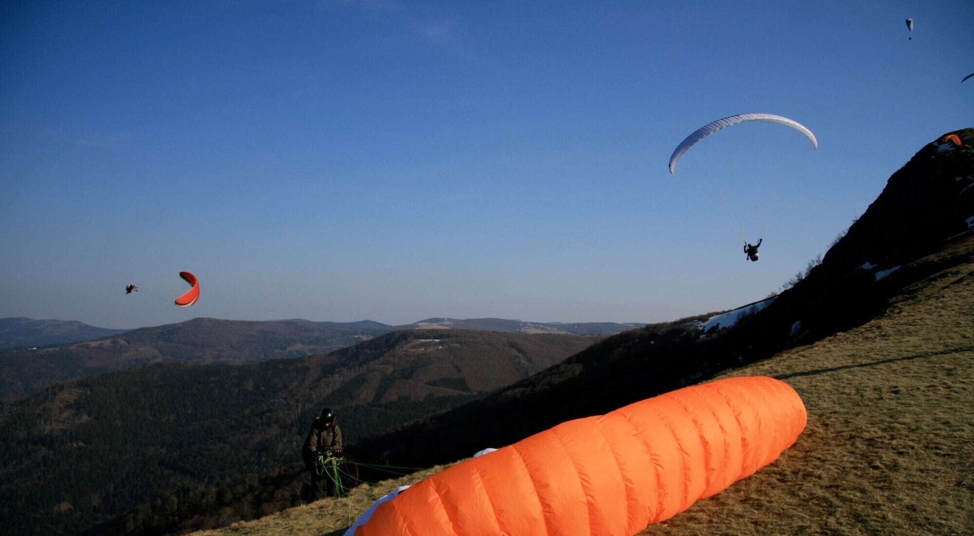 Een bergachtig landschap met meerdere paragliders in de lucht.