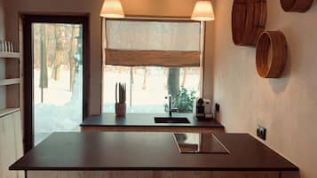 Espresso maker, coffee/tea maker, fridge, microwave