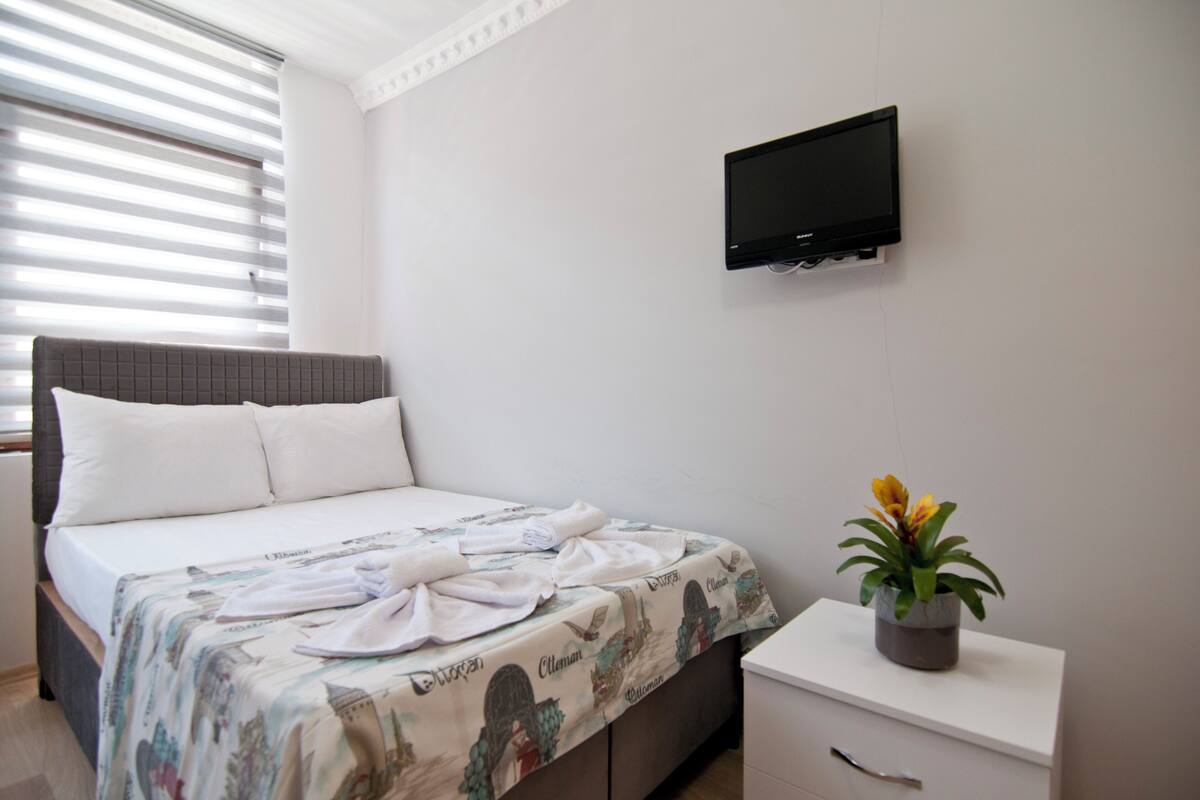 A hotel room with a bed, a flat-screen TV, a potted plant, and a small white cabinet.