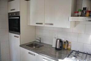 Una cocina con un lavamanos de acero inoxidable, horno empotrado, estufa a gas y una repisa con condimentos.