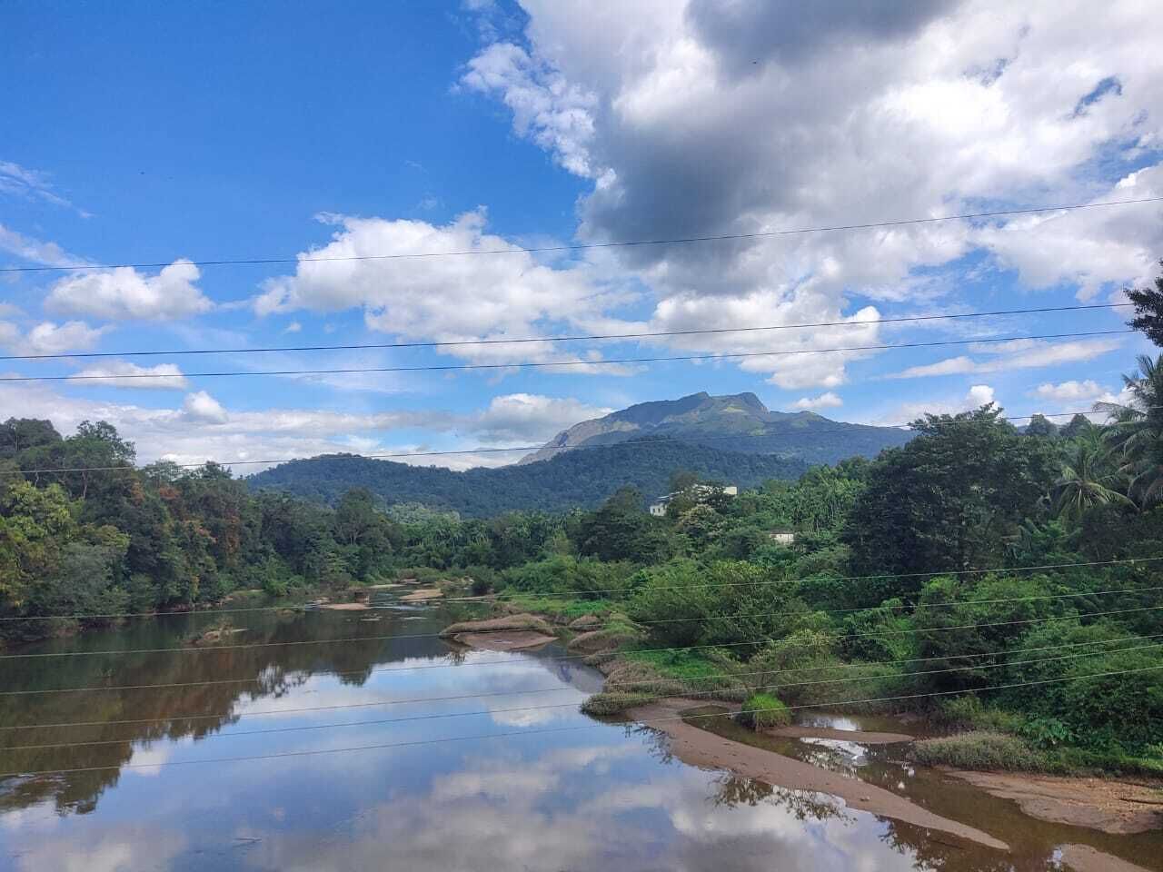 A river with surrounding greenery and mountains in the background.