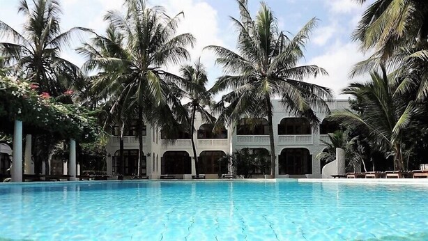 A swimming pool with palm trees and a building with arched windows.