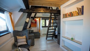 A loft-style room with a sloped ceiling, a built-in bookshelf, a ladder, a sofa, and a small table. - Barrique Milescu 5 (Brașov)