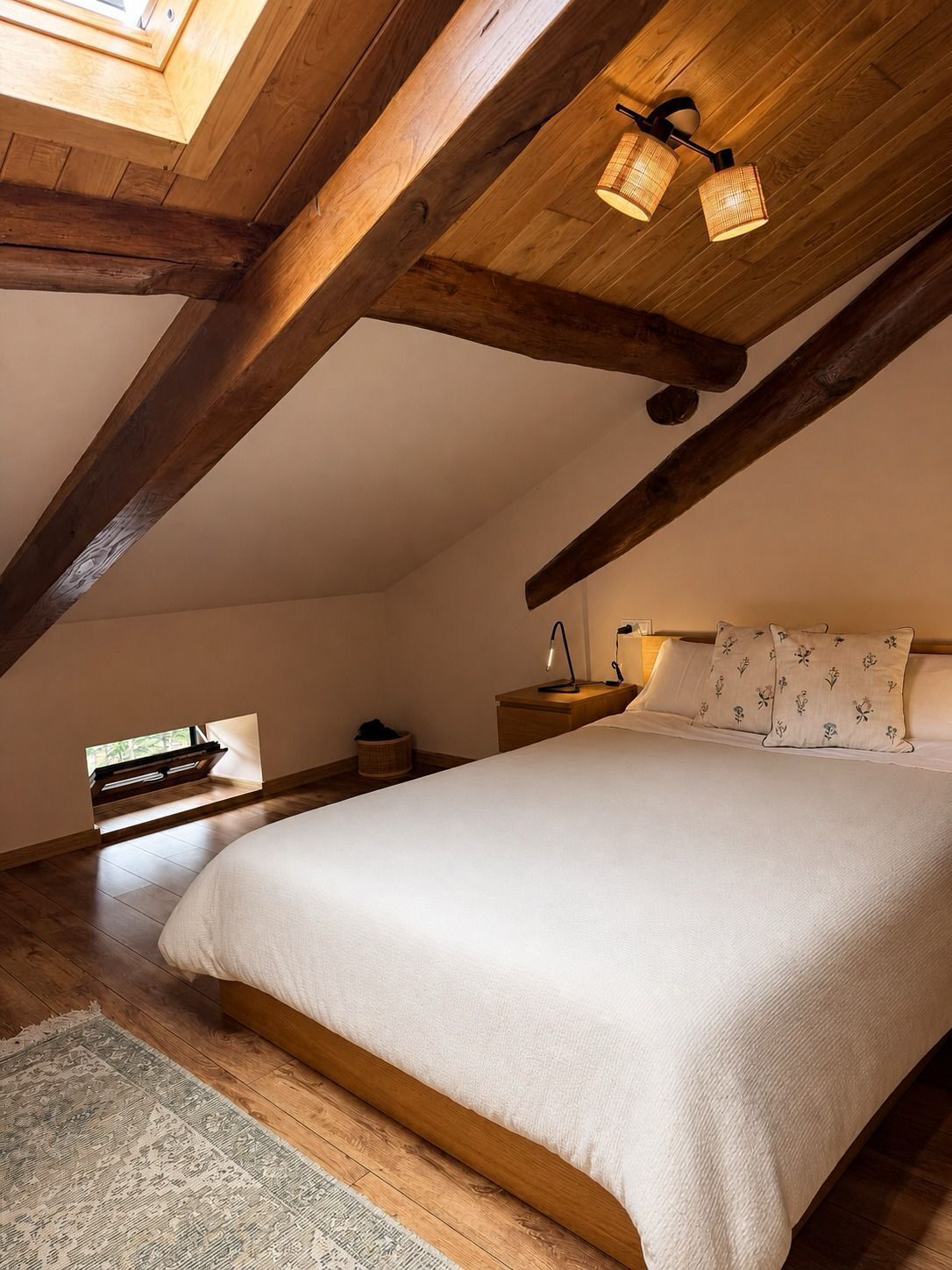 A bedroom with a sloped ceiling, wooden beams, a bed with white bedding, a bedside table with a lamp, and a window with a view.