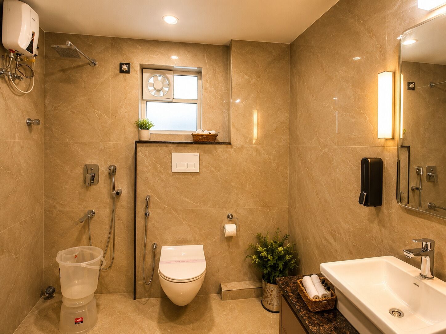 A bathroom with a shower, toilet, sink, and a small window.
