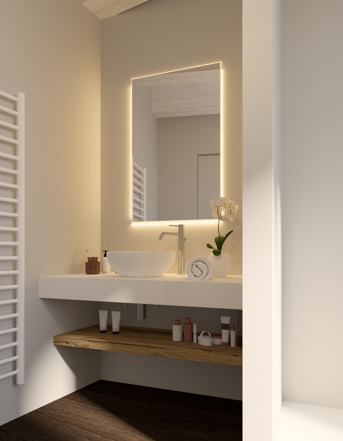 A modern bathroom with a white vanity, a large mirror, and a small potted plant.