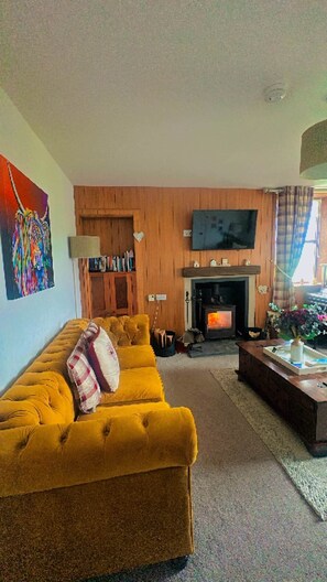 Una sala de estar con un sofá amarillo, una chimenea, un televisor de pantalla plana y una estantería.