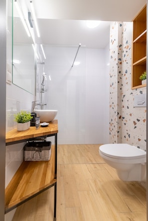 Shower, rainfall showerhead, free toiletries, hair dryer