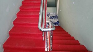 A staircase with red carpeted steps and a metal handrail. - Hotel Navin Palace (Bhagalpur)