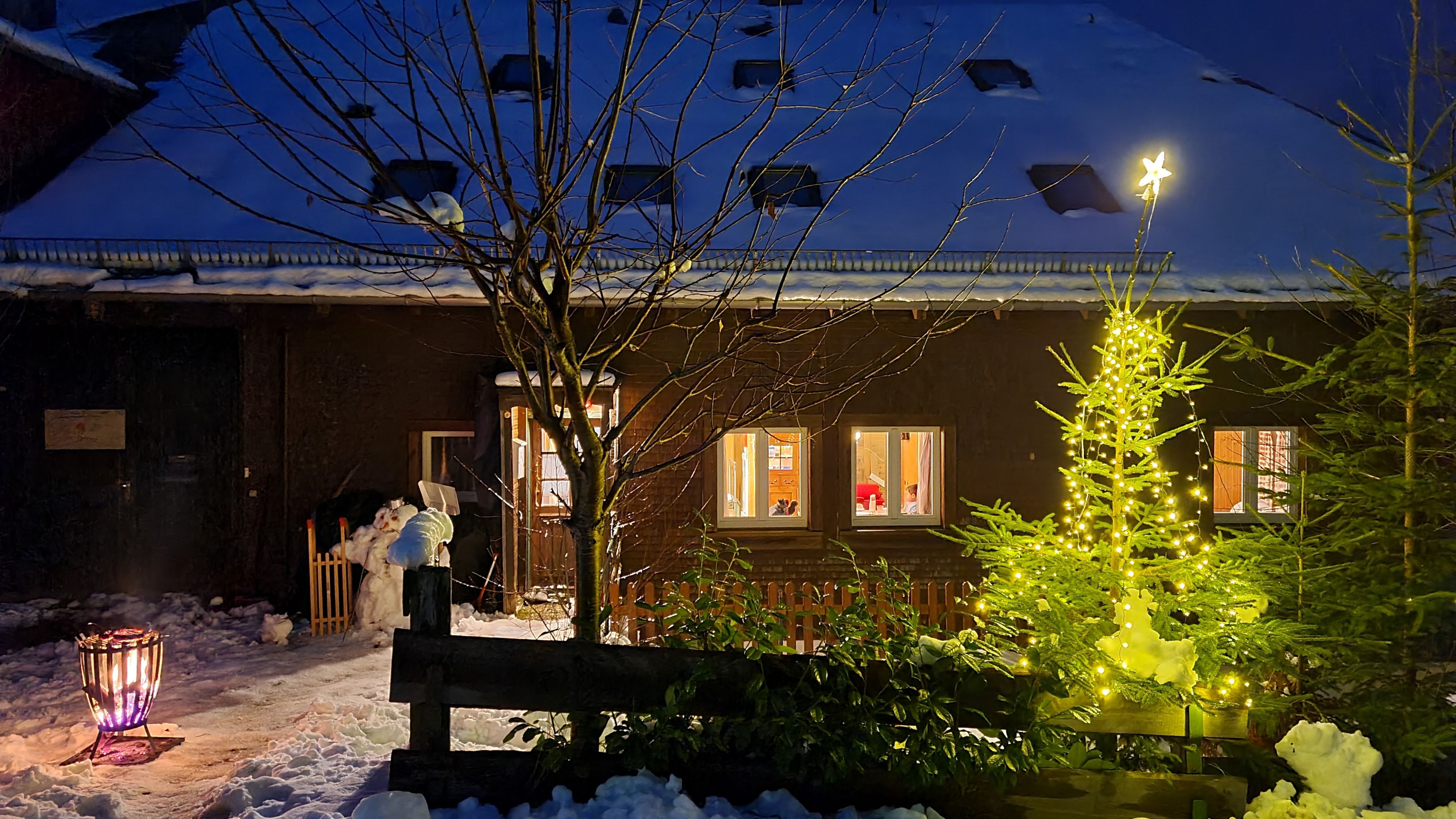 A snow-covered outdoor area with a wooden fence, a Christmas tree with lights, and a building with windows.