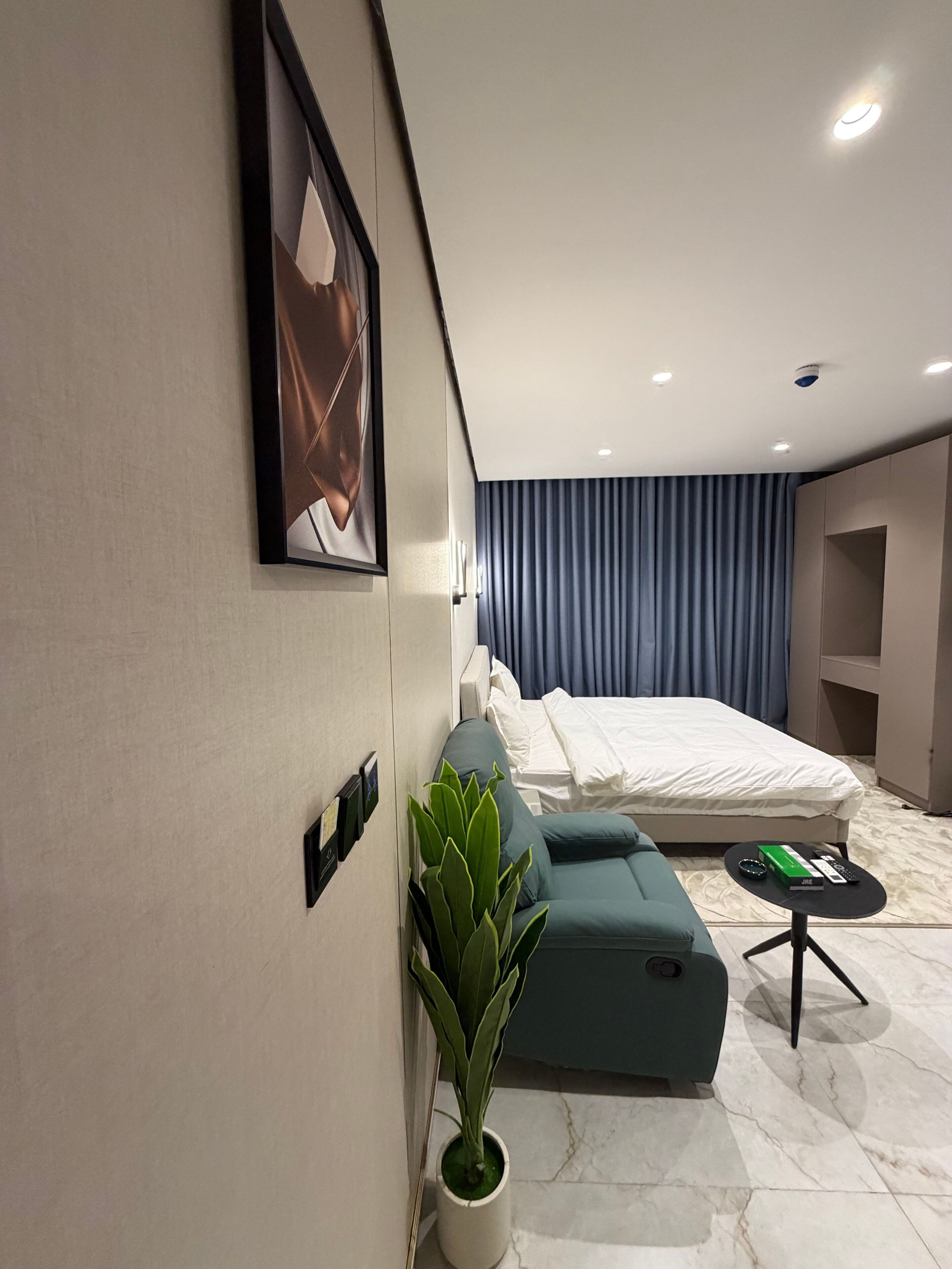 A modern hotel room with a bed, a sofa, a small table, a potted plant, and a painting on the wall.