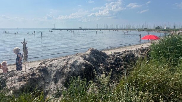 A beach with people, a pier, and a red umbrella.
