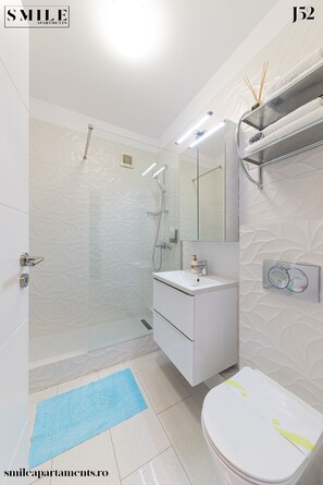 Secadora de cabello, toallas, jabón, papel de baño 