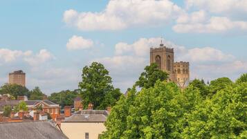 A historic building with a prominent tower, surrounded by residential buildings and lush green trees.