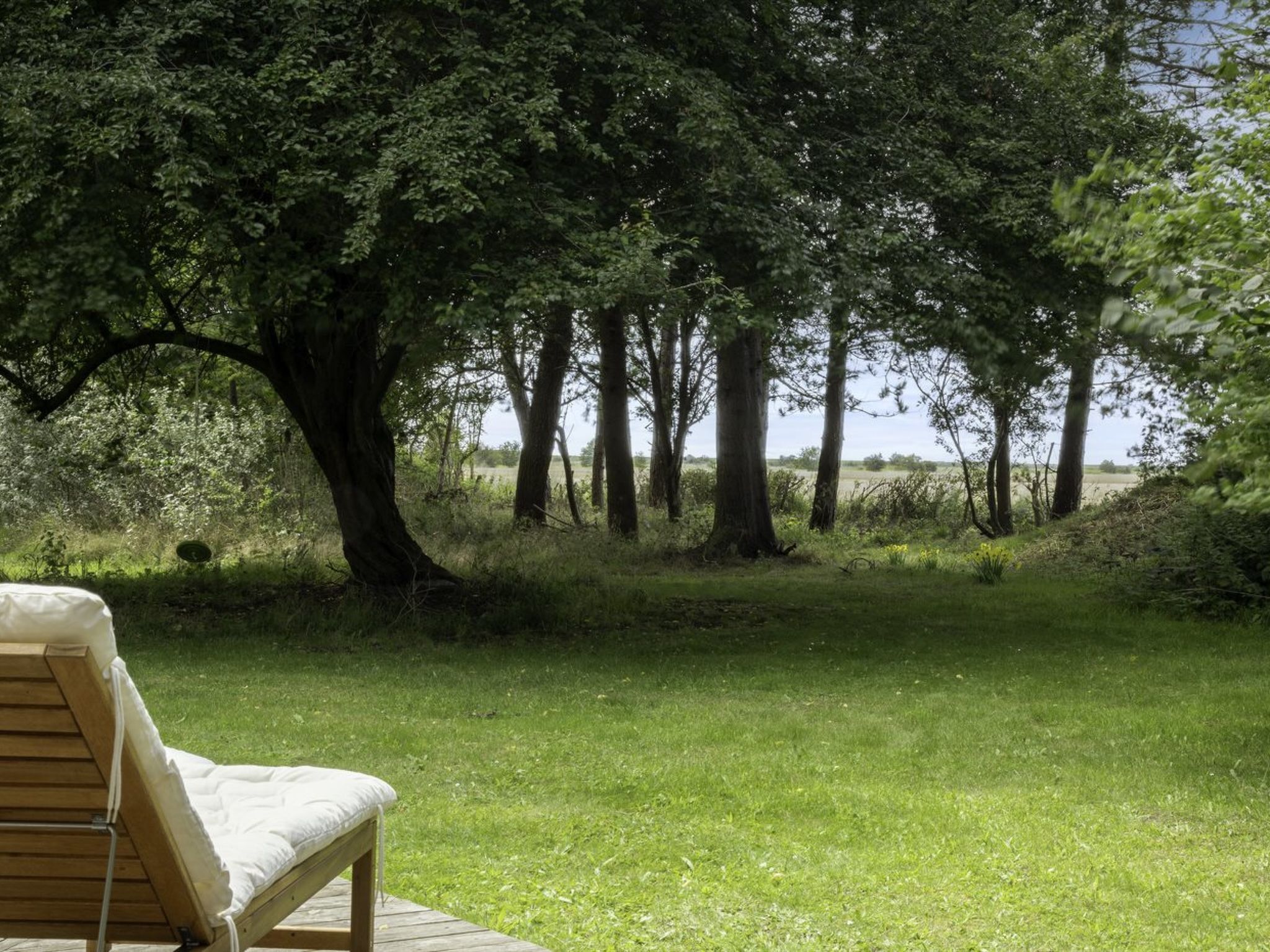 A wooden deck with a single lounge chair, surrounded by a grassy area with trees and a view of the landscape.