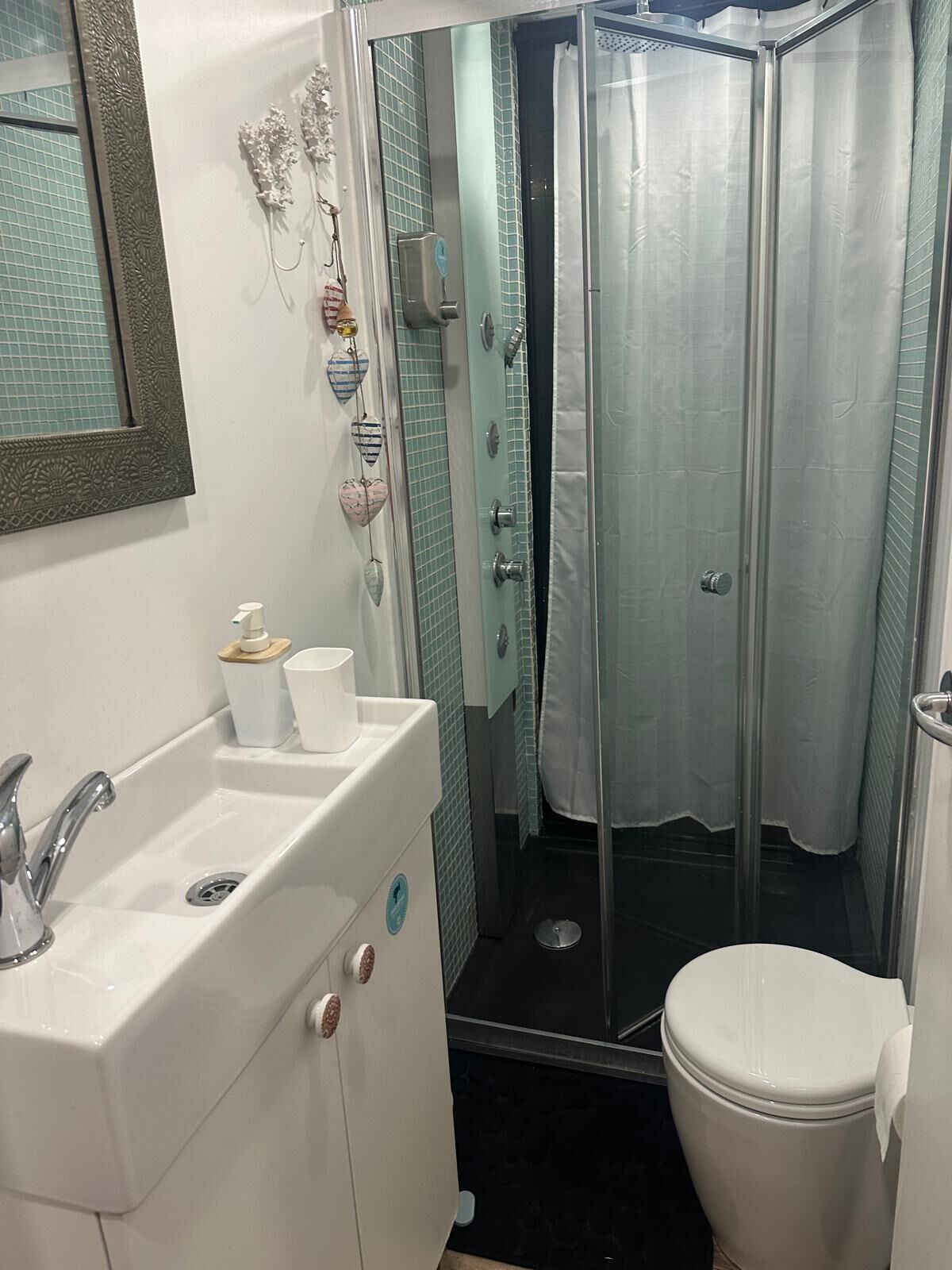 Hair dryer, towels, soap, toilet paper