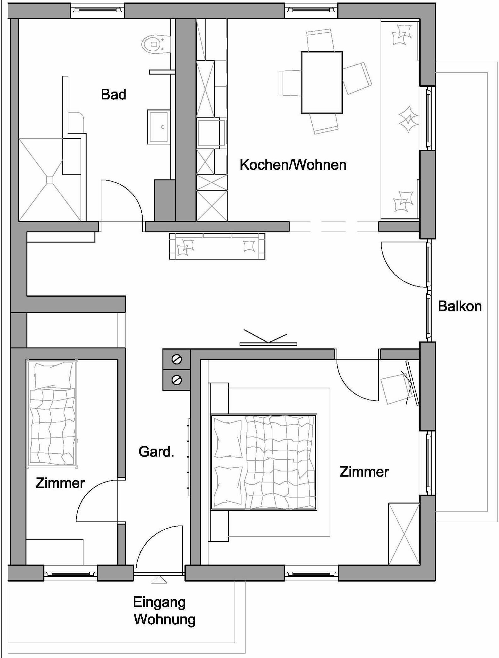 Ein Grundriss mit Küche, Wohnzimmer, Balkon und zwei Schlafzimmern.