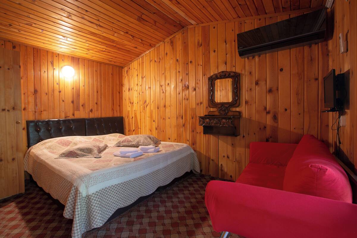 A wooden-paneled room with a bed, a red chair, a mirror, and a television.