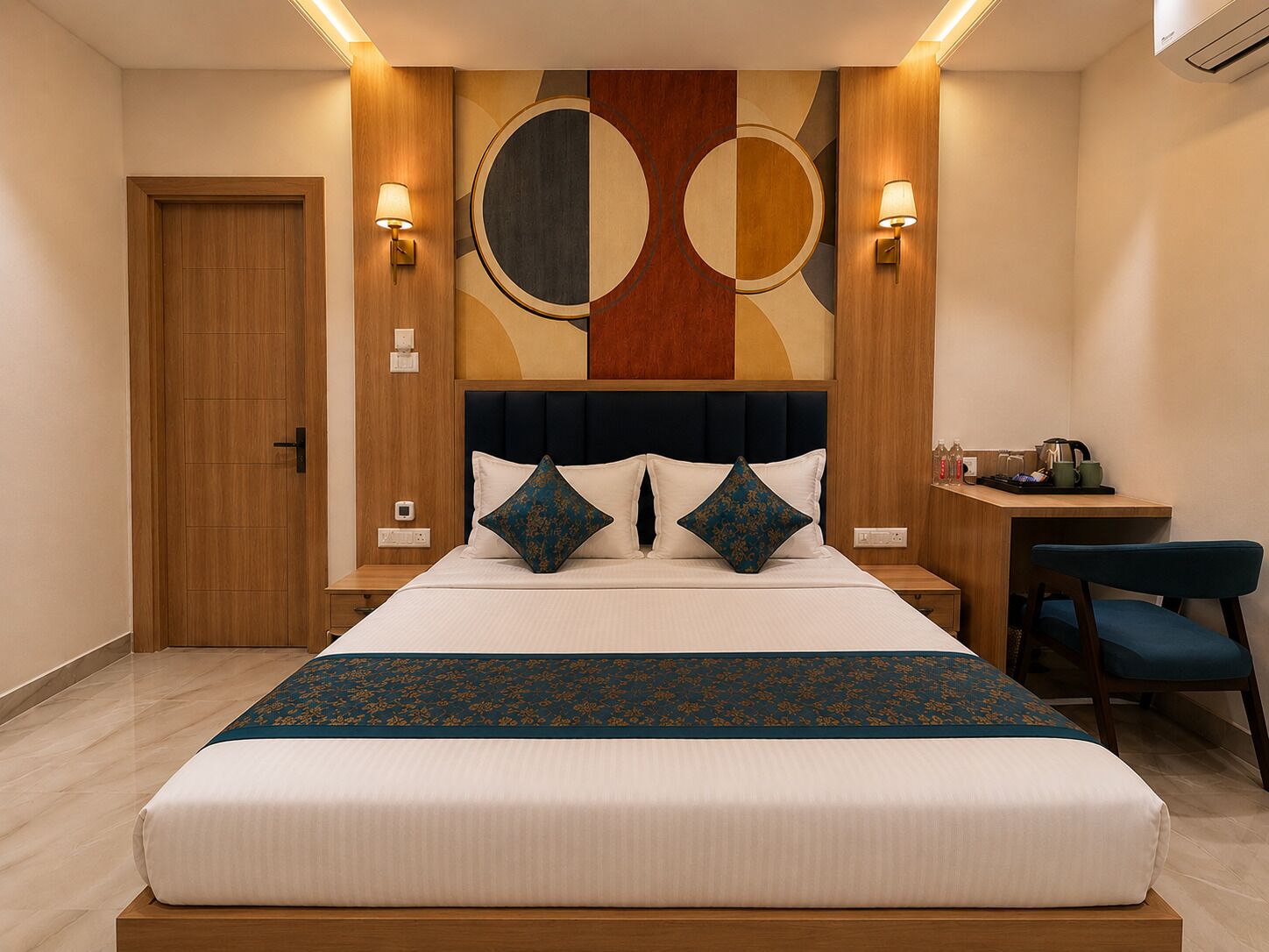 A hotel room with a large bed, a desk, and a chair.