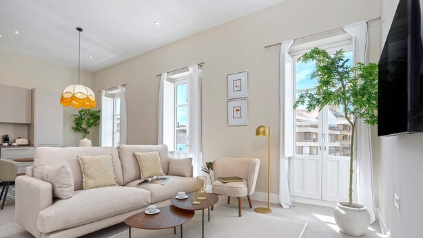 Una sala de estar moderna con un sofá, una mesa de centro, un sillón y una planta en maceta.