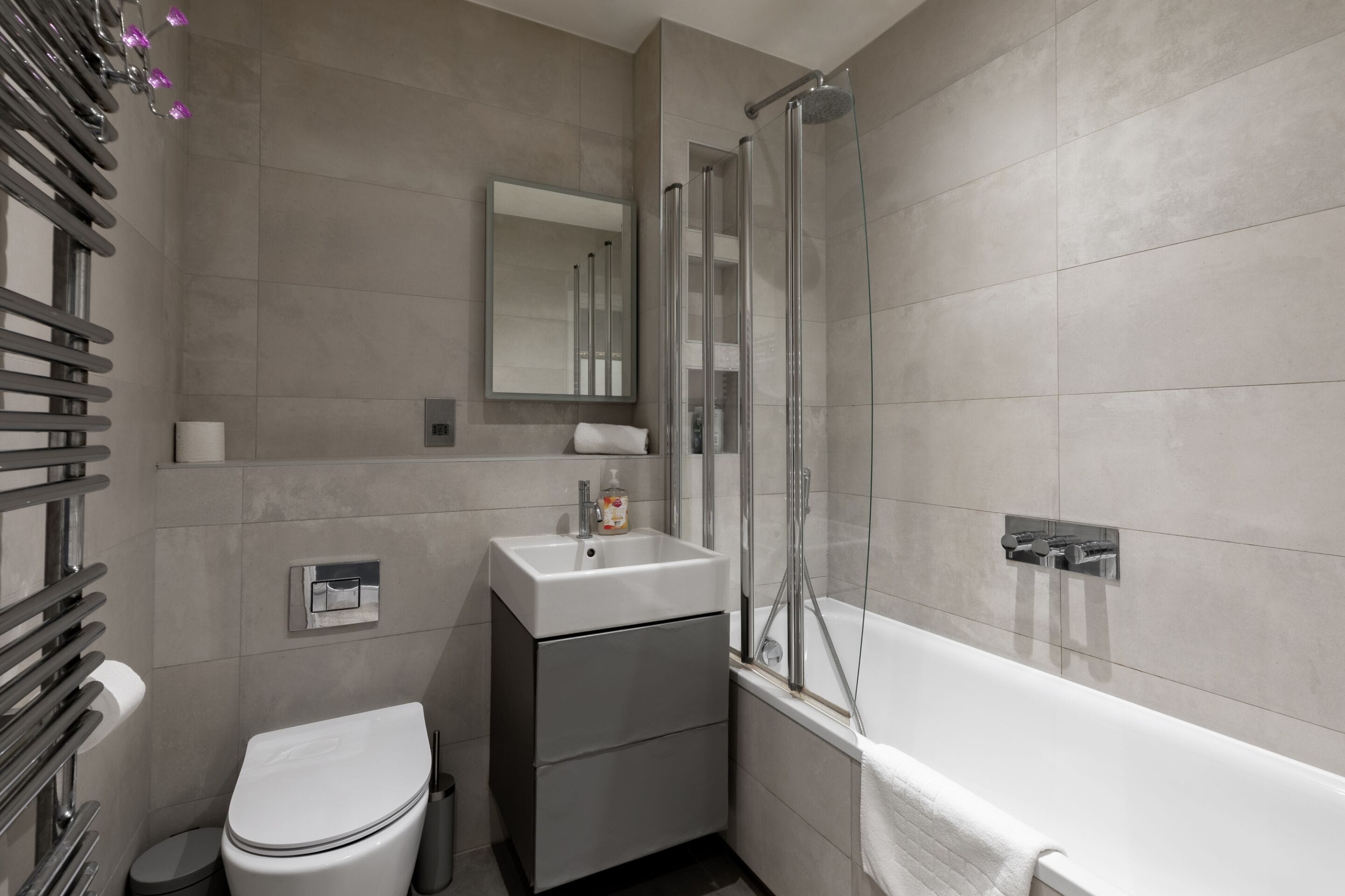 Deluxe Apartment | Bathroom | Shower, hair dryer, towels, soap