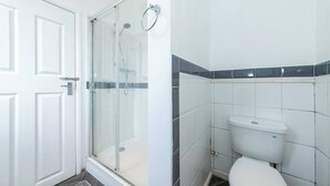 A bathroom with a glass shower enclosure, a toilet, and a white door. - Free Parking Sleeps 2 Central Location (Reading)
