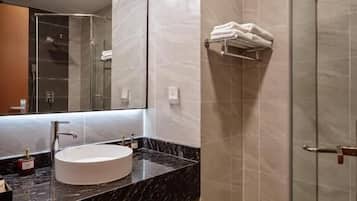 Shower, free toiletries, hair dryer, slippers