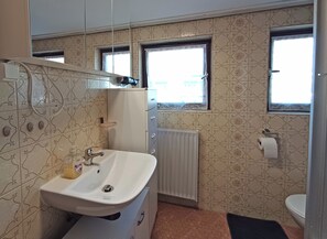Hair dryer, towels, soap, toilet paper