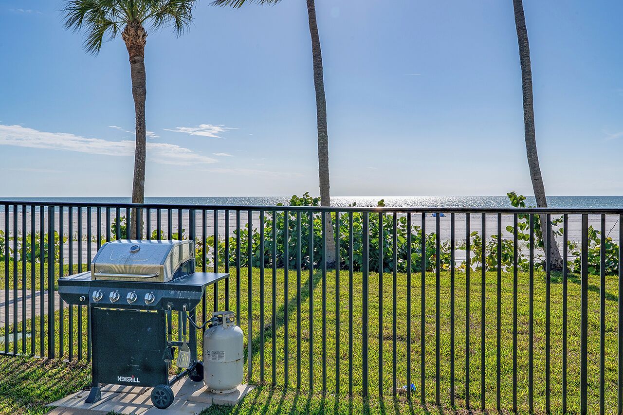 A grill with a gas tank and a portable grill cart, a metal fence, and palm trees.