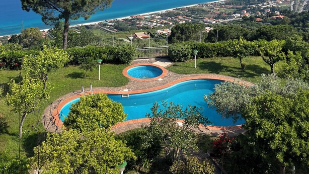 Una piscina de diseño curvo, rodeada de vegetación y con vistas al océano y a un pueblo costero.