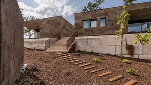 Un edificio moderno con fachada de concreto, una escalera que lleva a un nivel superior y un área ajardinada con macetas de madera y un pequeño árbol.