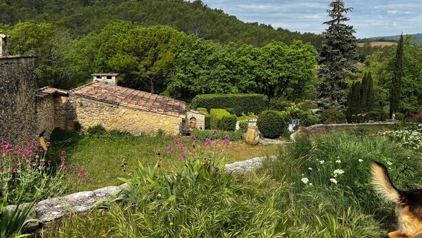 Un edificio de piedra con tejado de baldosas, rodeado de abundante vegetación y una colina al fondo.