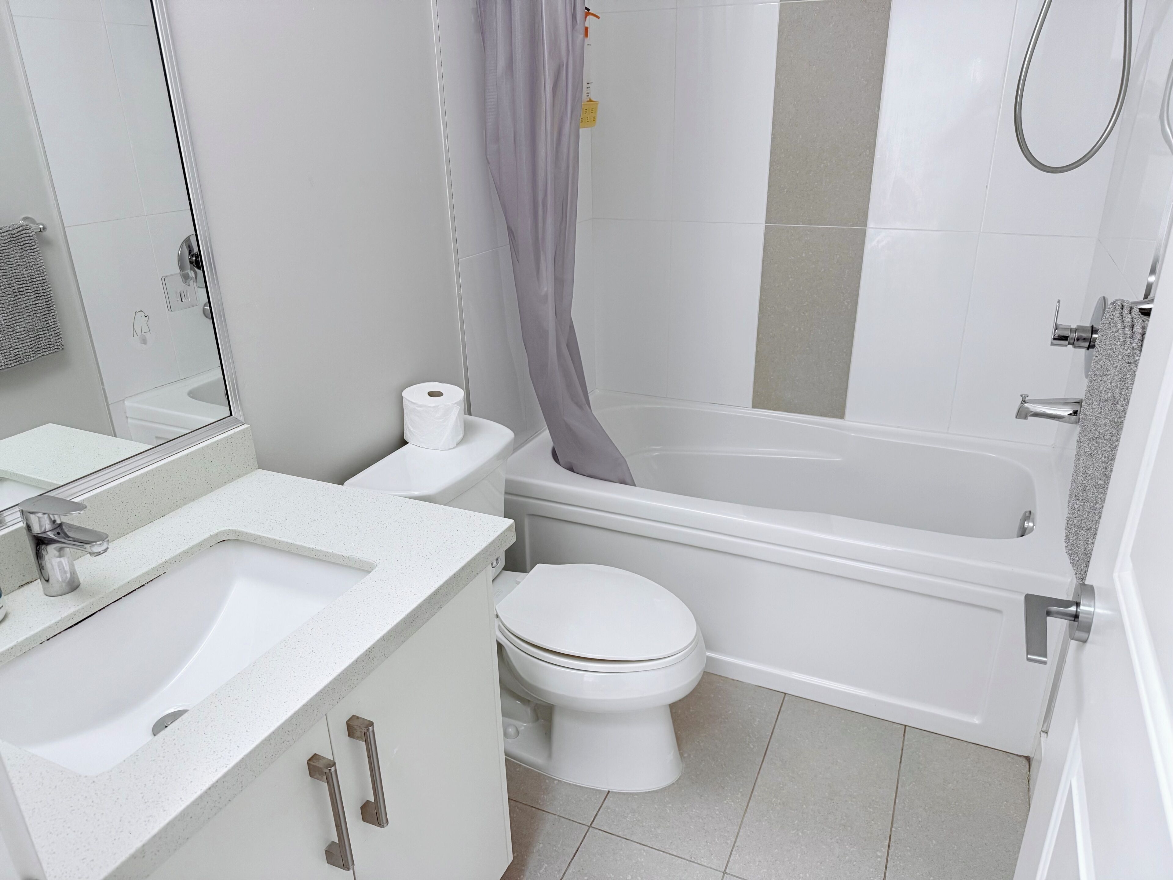 Hair dryer, towels, soap, toilet paper