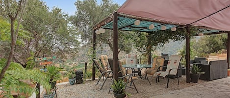 Een terras buiten met een tafel en stoelen, omringd door plantenpotten en uitzicht op het landschap.