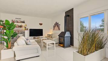 Una sala de estar moderna con un televisor de pantalla plana, un sofá, una mesa de centro, una chimenea y un ventanal con vistas.