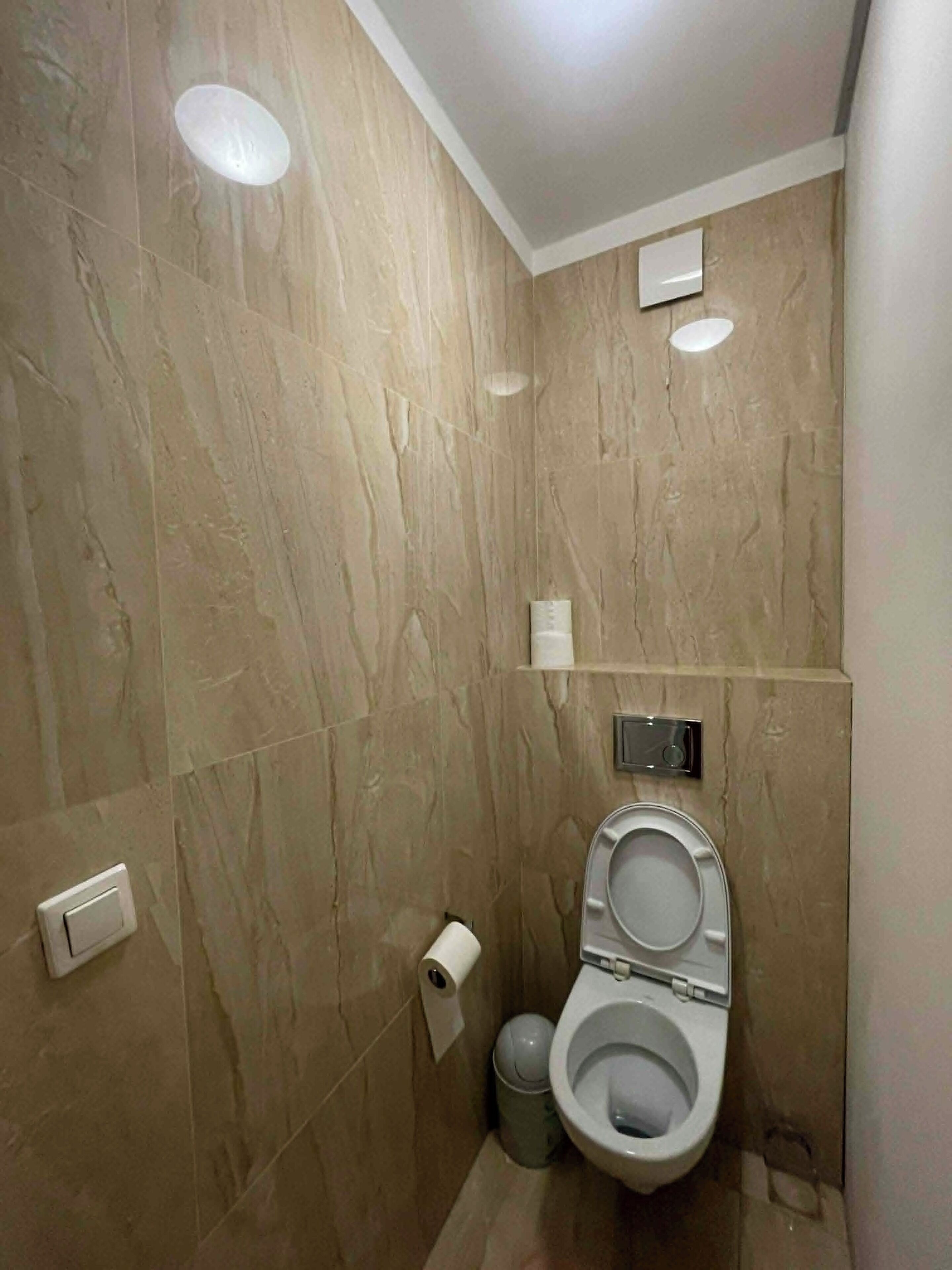 Hair dryer, towels, soap, toilet paper