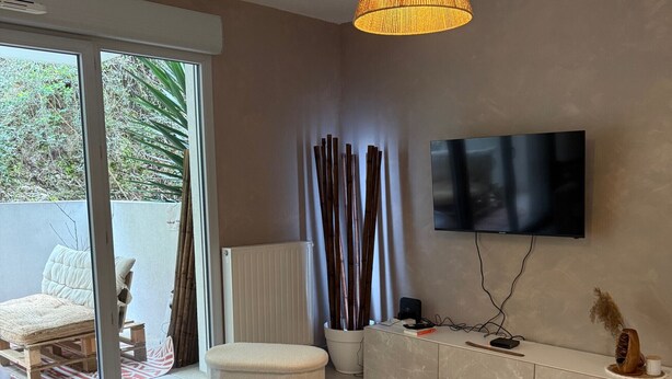 Ein modernes Wohnzimmer mit einer Couch, einem Hocker, einem Fernseher und einer dekorativen Pflanzengruppe.