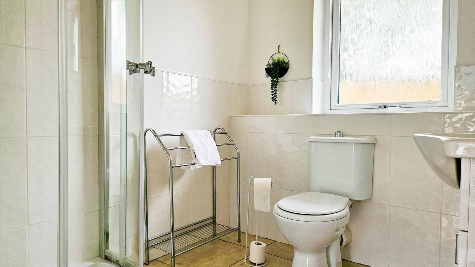 Un baño con cabina de ducha de vidrio, inodoro, toallero y una planta colgante.