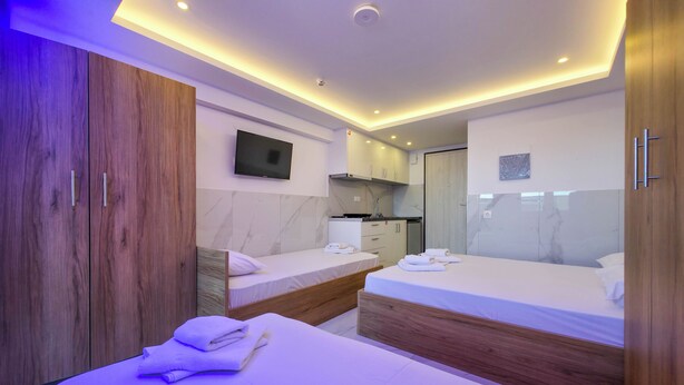 Habitació d'hotel moderna amb llit, televisió, petita cuina i bany.