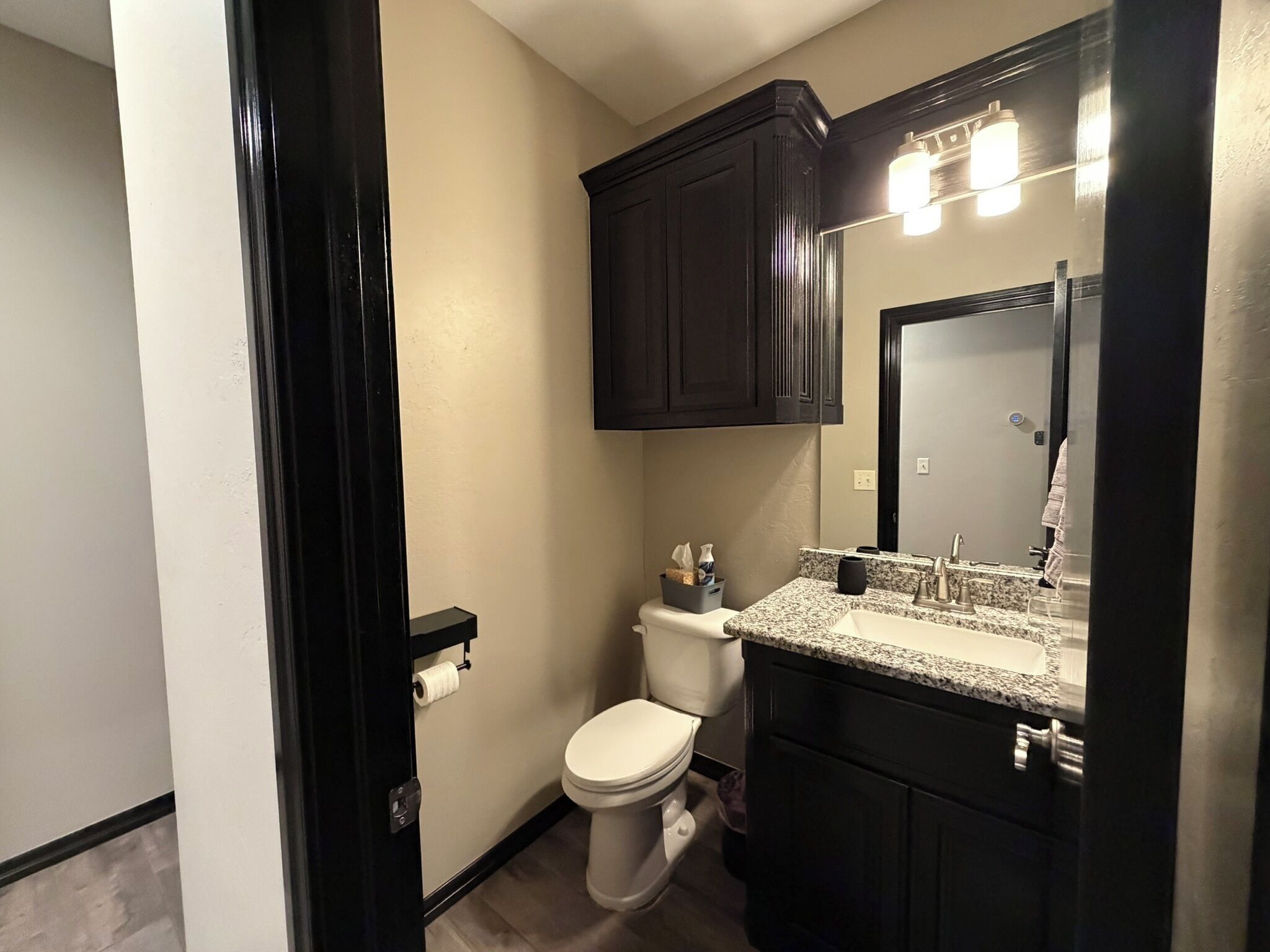 Une salle de bain équipée de toilettes, d’un lavabo, d’un miroir et de meubles de rangement de couleur sombre.