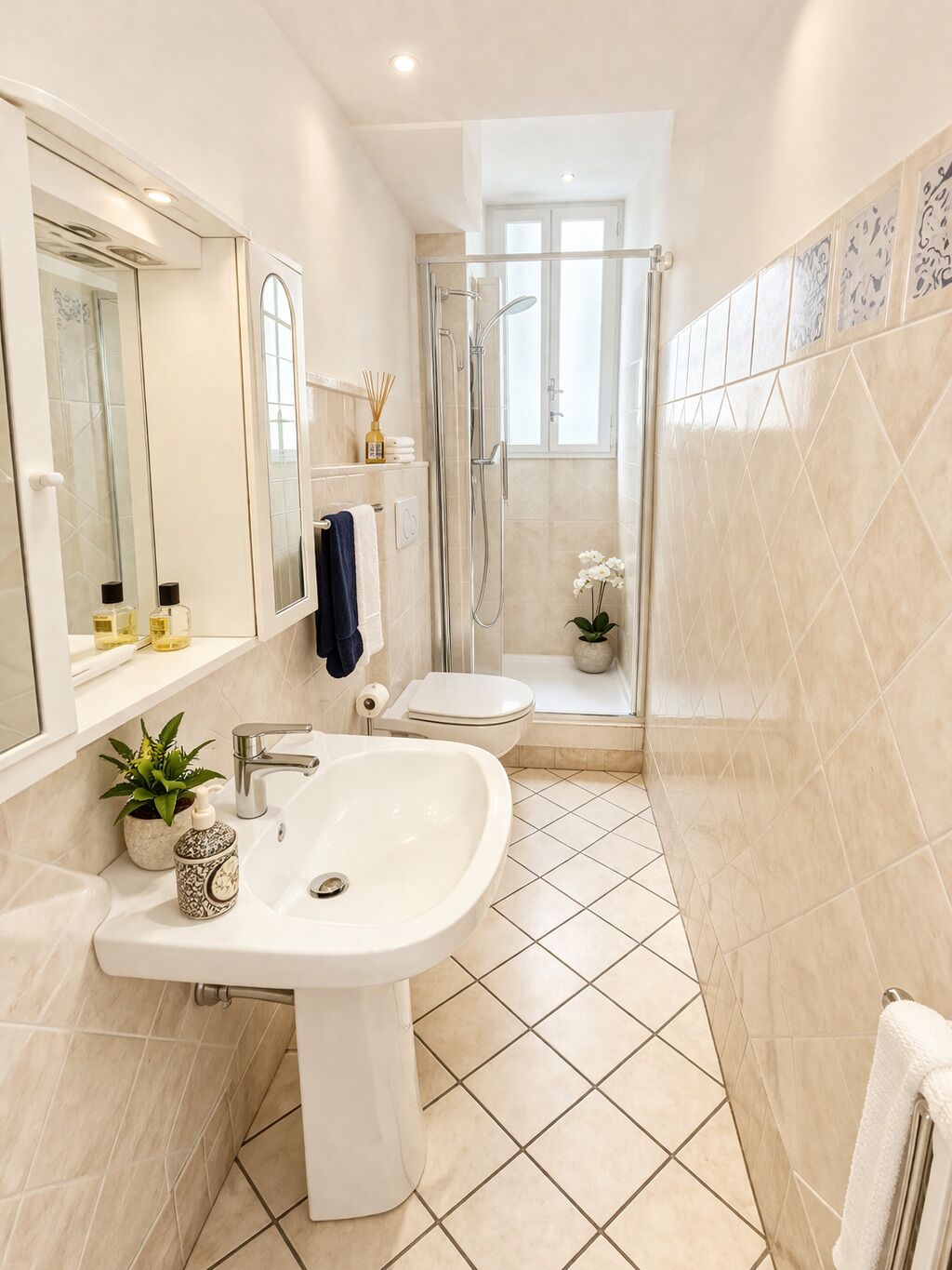 Douche, séchoir à cheveux, bidet, serviettes fournies