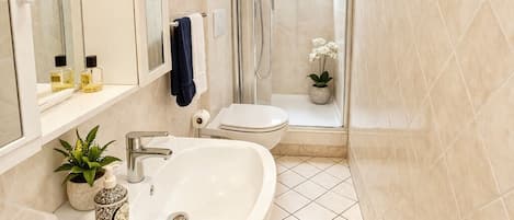 Douche, séchoir à cheveux, bidet, serviettes fournies
