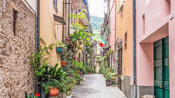 Une ruelle étroite pavée, bordée d’immeubles, dont certains sont dotés de balcons et de plantes en pot.