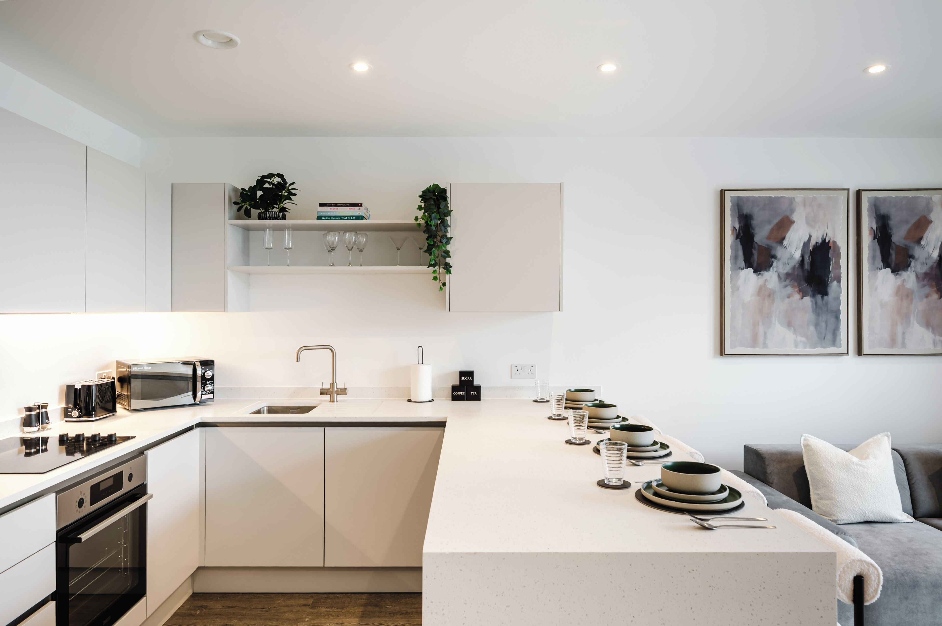 Fridge, microwave, oven, cookware/dishes/utensils