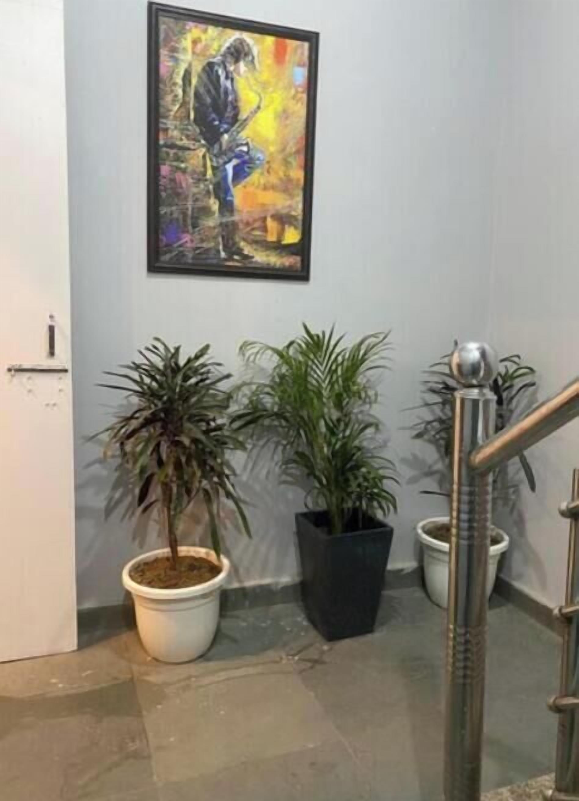 A hallway with a framed painting, three potted plants, and a staircase.