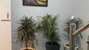 A hallway with a framed painting, three potted plants, and a staircase.