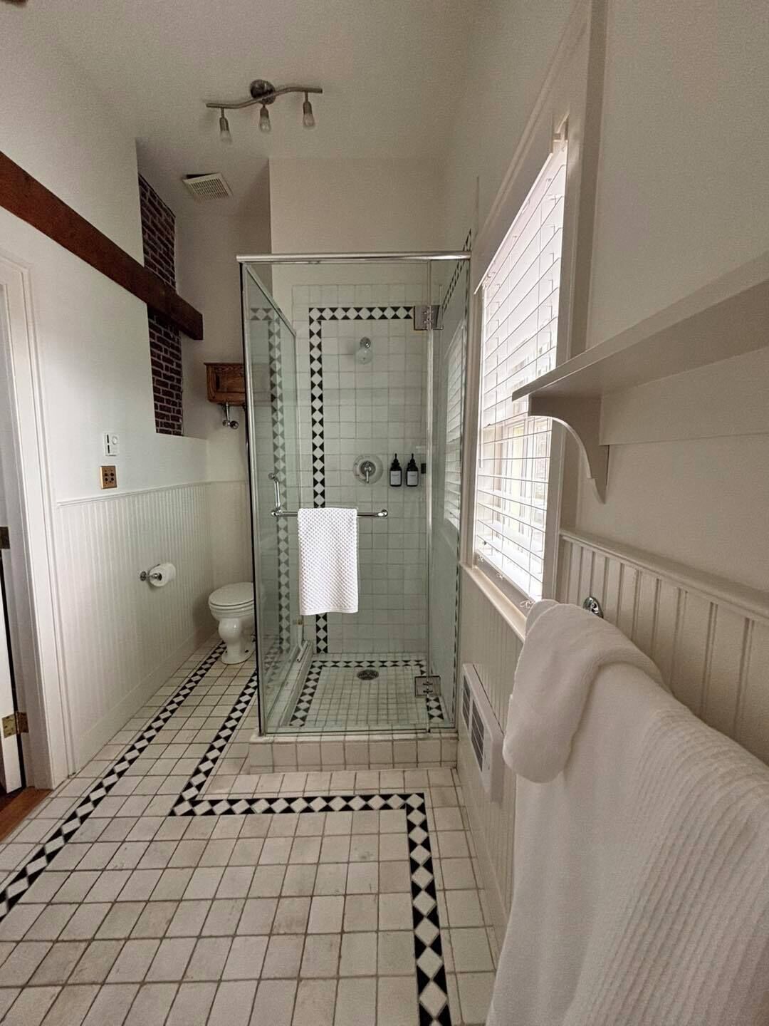 Hair dryer, towels, soap, shampoo