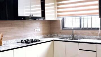 Family Apartment, Balcony, City View | Private kitchen | Fridge, microwave, oven, stovetop